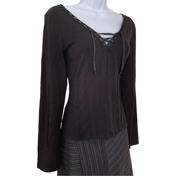 Vintage 90s Y2k Goth Boho Grunge Lace Up Ribbon Black Stretch Knit Top Size M/L - Picture 4 of 6